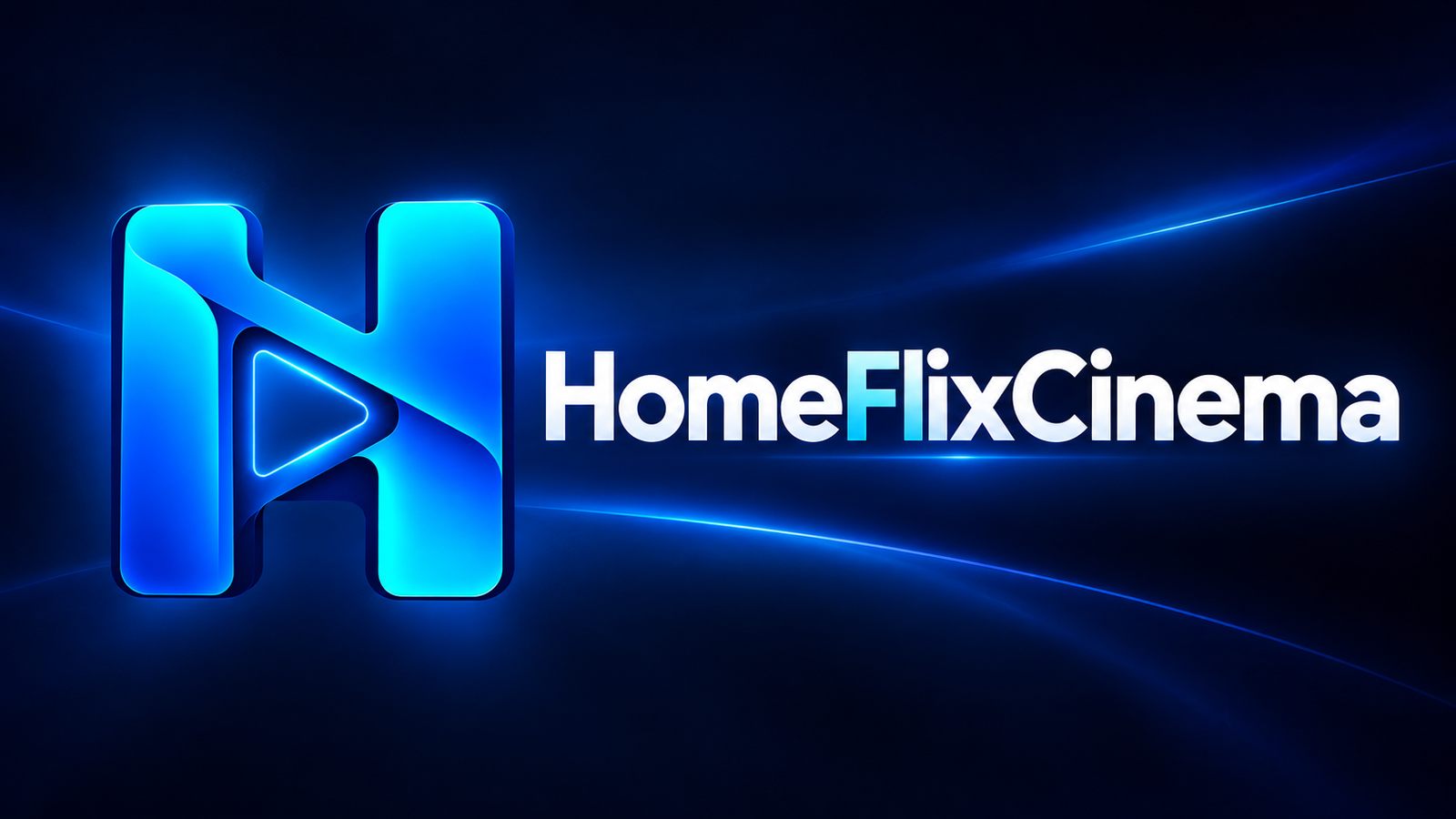HomeFlixCinema blue H and play symbol on a navy cinema banner